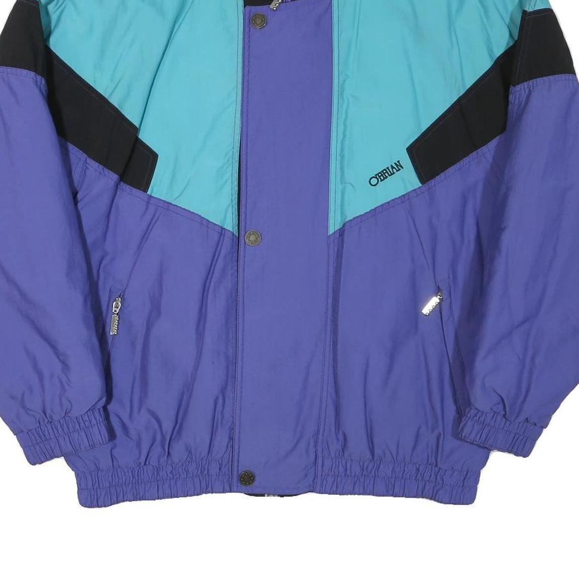 O'BRIAN Mens Blue & Turquoise Retro Zip Jacket L Polyester Blend Colourblock