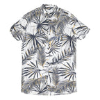 Mens White & Gold Leaf Print Short Sleeve Shirt S Lightweight Cotton Blend