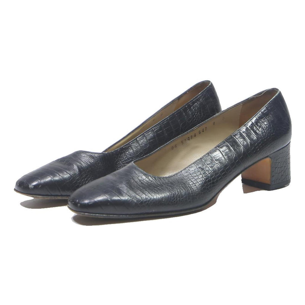 SALVATORE FERRAGAMO Womens Block Heels Leather Black UK 8 Elegant Classic Pump