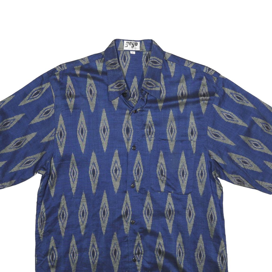 GEGO Mens Blue Pattern Shirt L Polycotton Short Sleeve Lightweight Casual