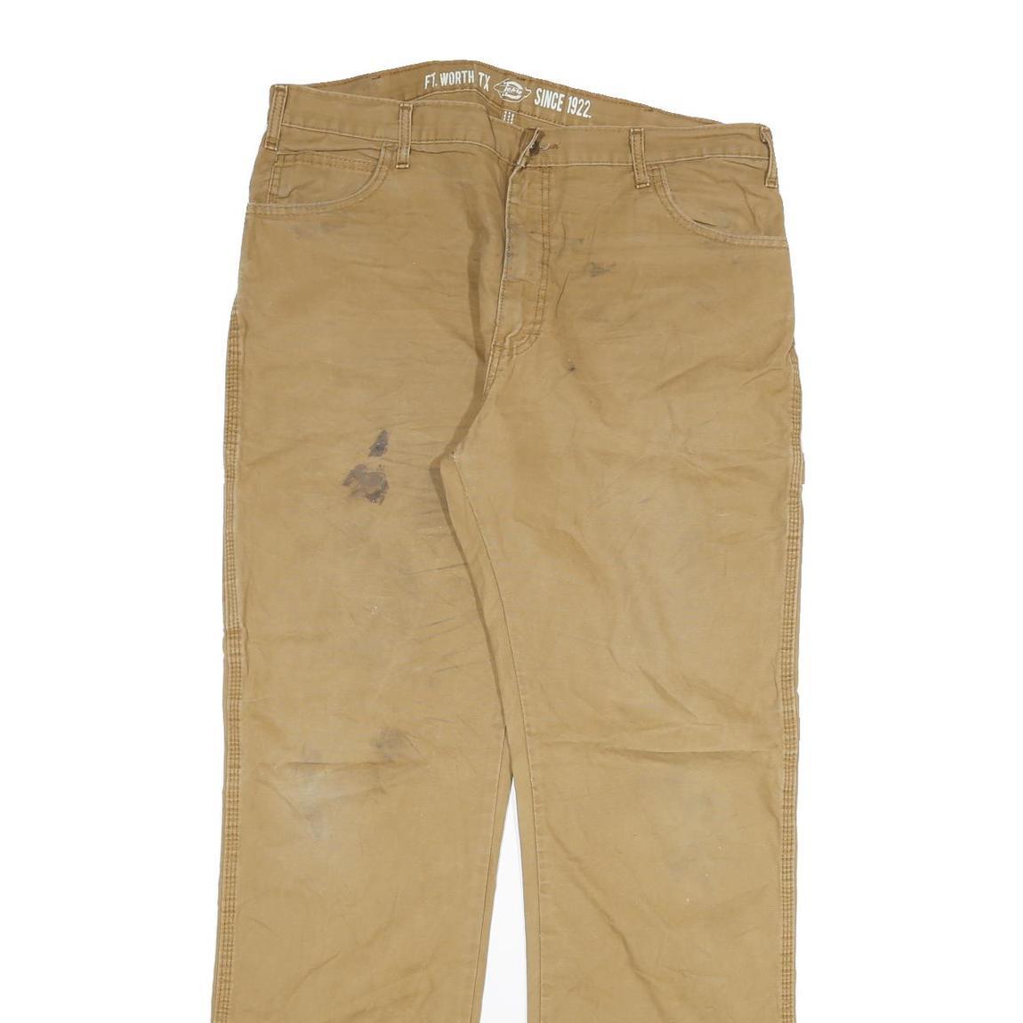 DICKIES Mens Cotton Blend Beige Regular Straight Trousers W36 L34 Workwear Zip