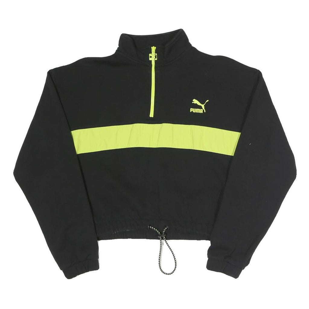 PUMA Womens Black & Yellow Half Zip M Sweatshirt Cotton Blend Crop Drawcord