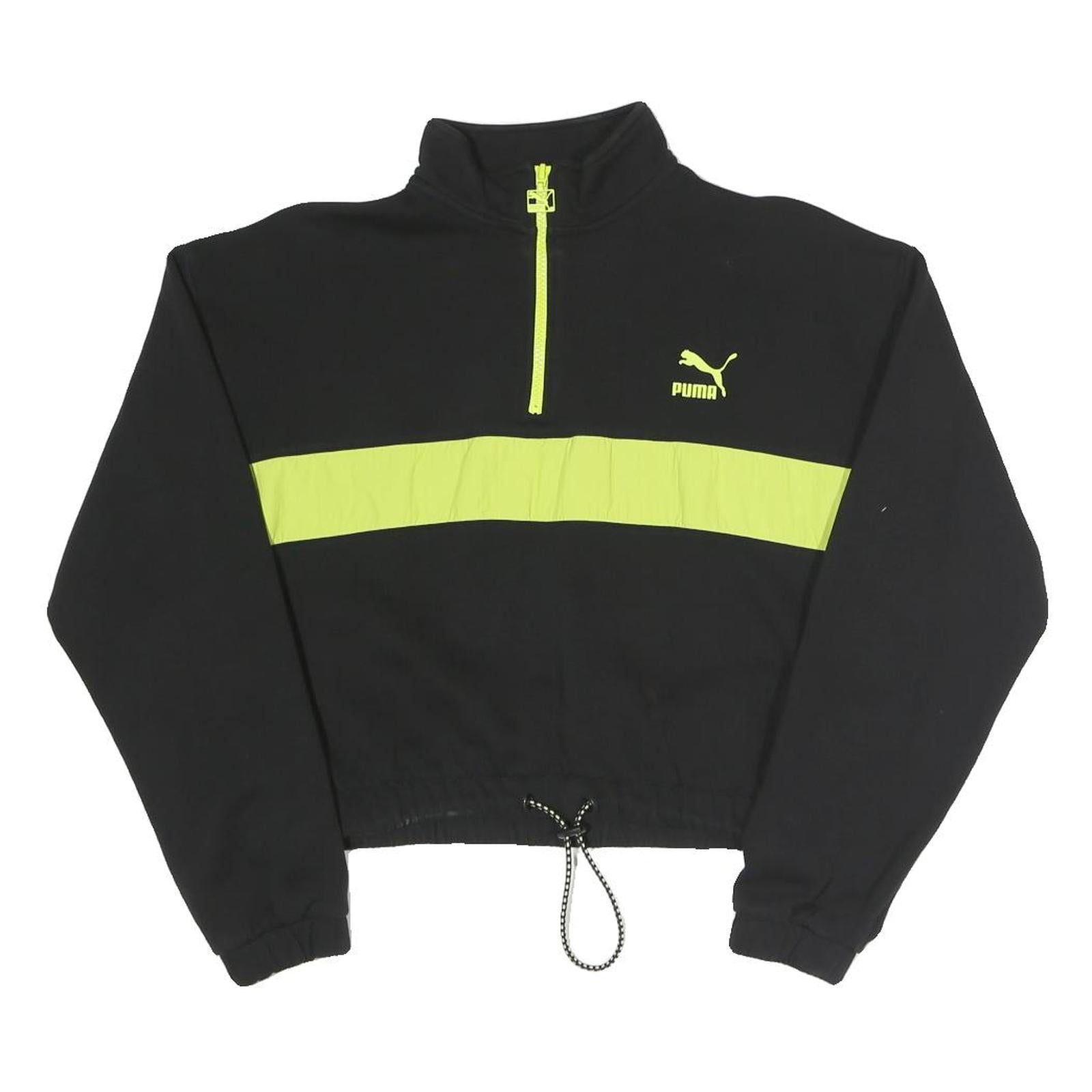 PUMA Womens Black & Yellow Half Zip M Sweatshirt Cotton Blend Crop Drawcord