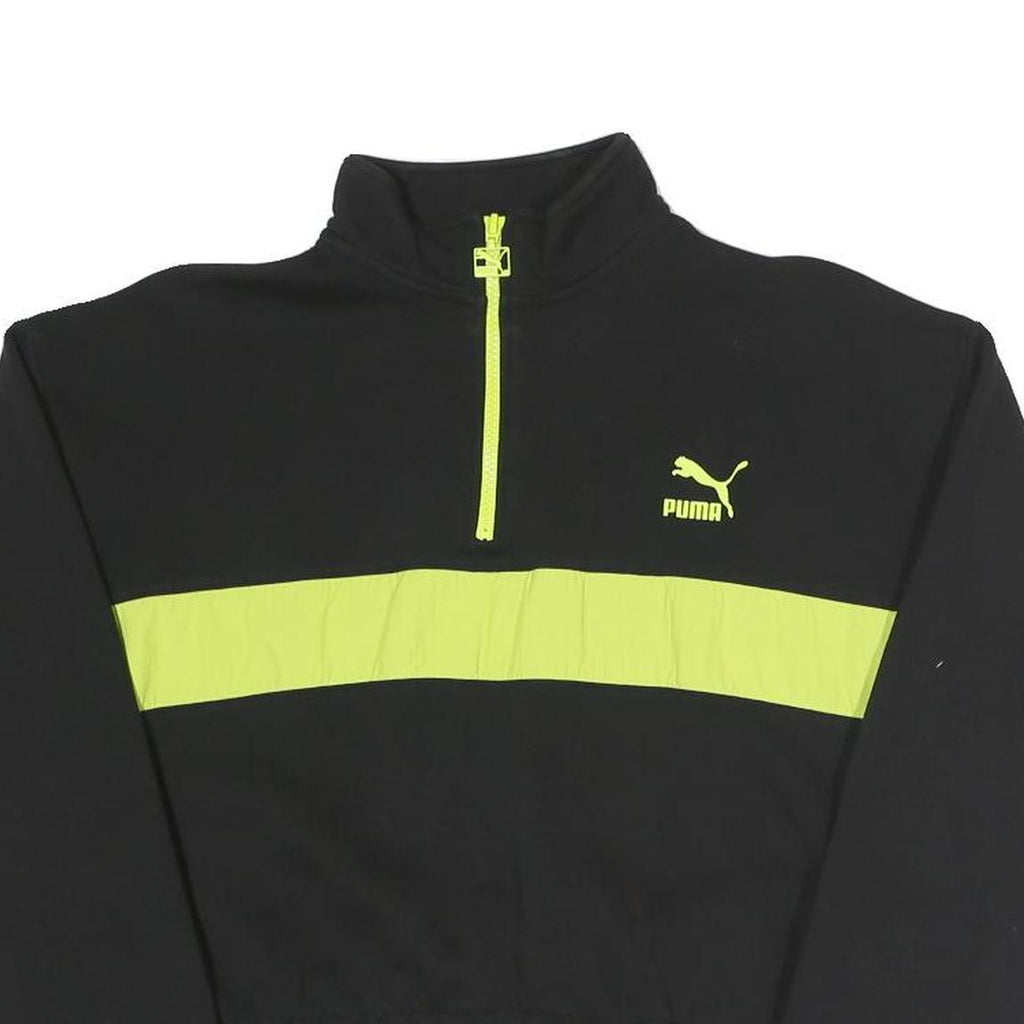 PUMA Womens Black & Yellow Half Zip M Sweatshirt Cotton Blend Crop Drawcord