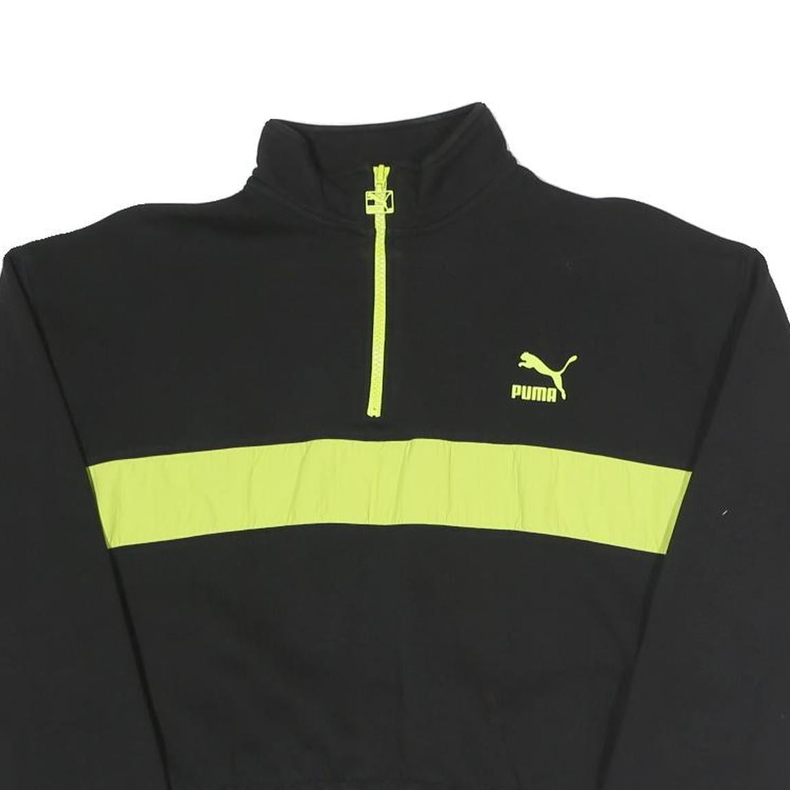PUMA Womens Black & Yellow Half Zip M Sweatshirt Cotton Blend Crop Drawcord