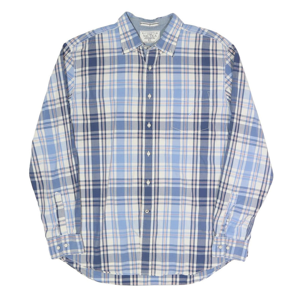 NAUTICA Mens Blue & White Checked Shirt XL Casual Cotton Long Sleeve Button Down