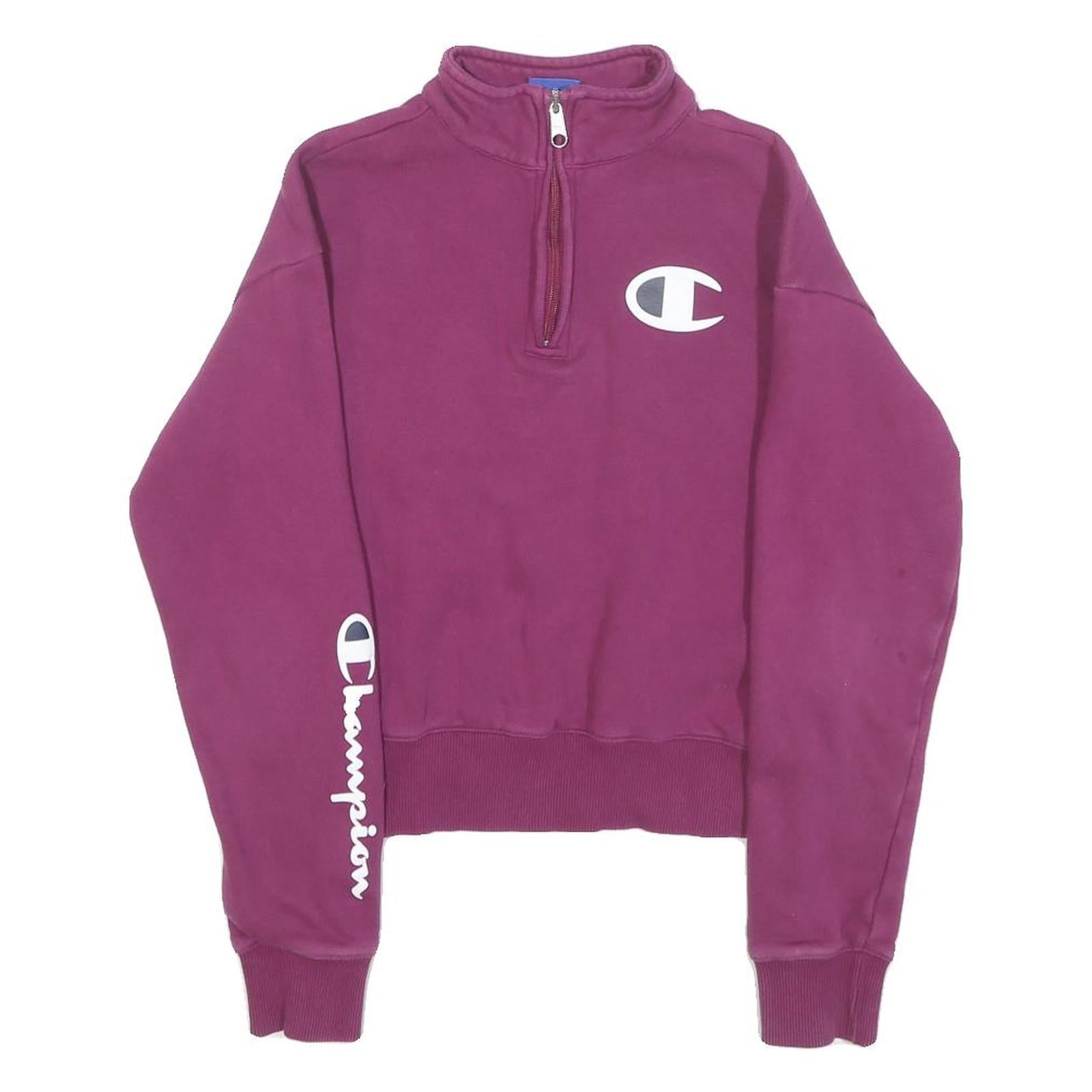 CHAMPION Womens Purple 1/4 Zip XS Cotton Sweatshirt Logo Sleeve Varsity Style