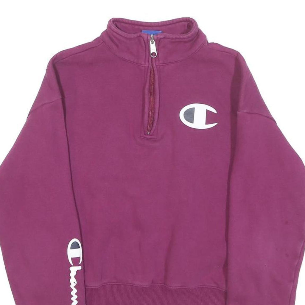 CHAMPION Womens Purple 1/4 Zip XS Cotton Sweatshirt Logo Sleeve Varsity Style