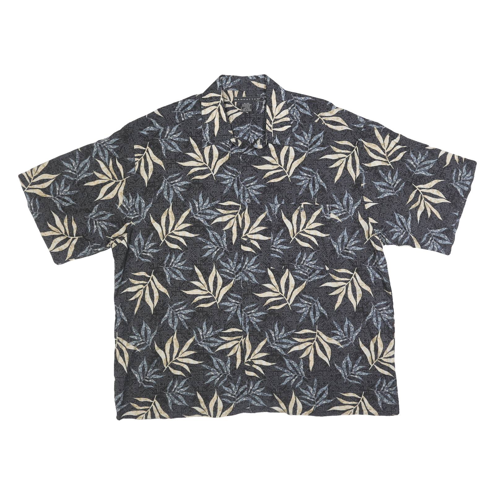 MANHATTAN Mens Black & Cream Floral Rayon Flannel Shirt XL Relaxed Short Sleeve