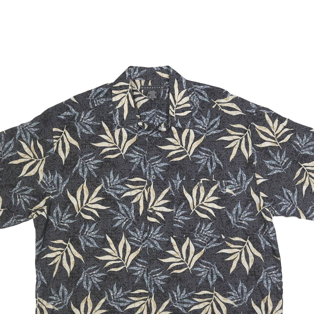 MANHATTAN Mens Black & Cream Floral Rayon Flannel Shirt XL Relaxed Short Sleeve
