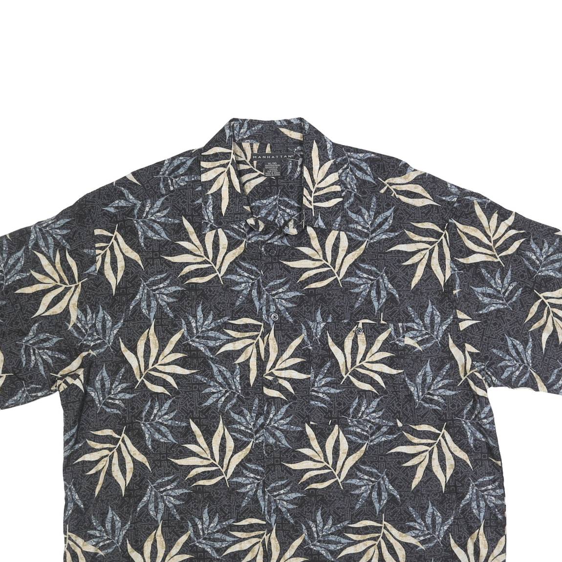 MANHATTAN Mens Black & Cream Floral Rayon Flannel Shirt XL Relaxed Short Sleeve