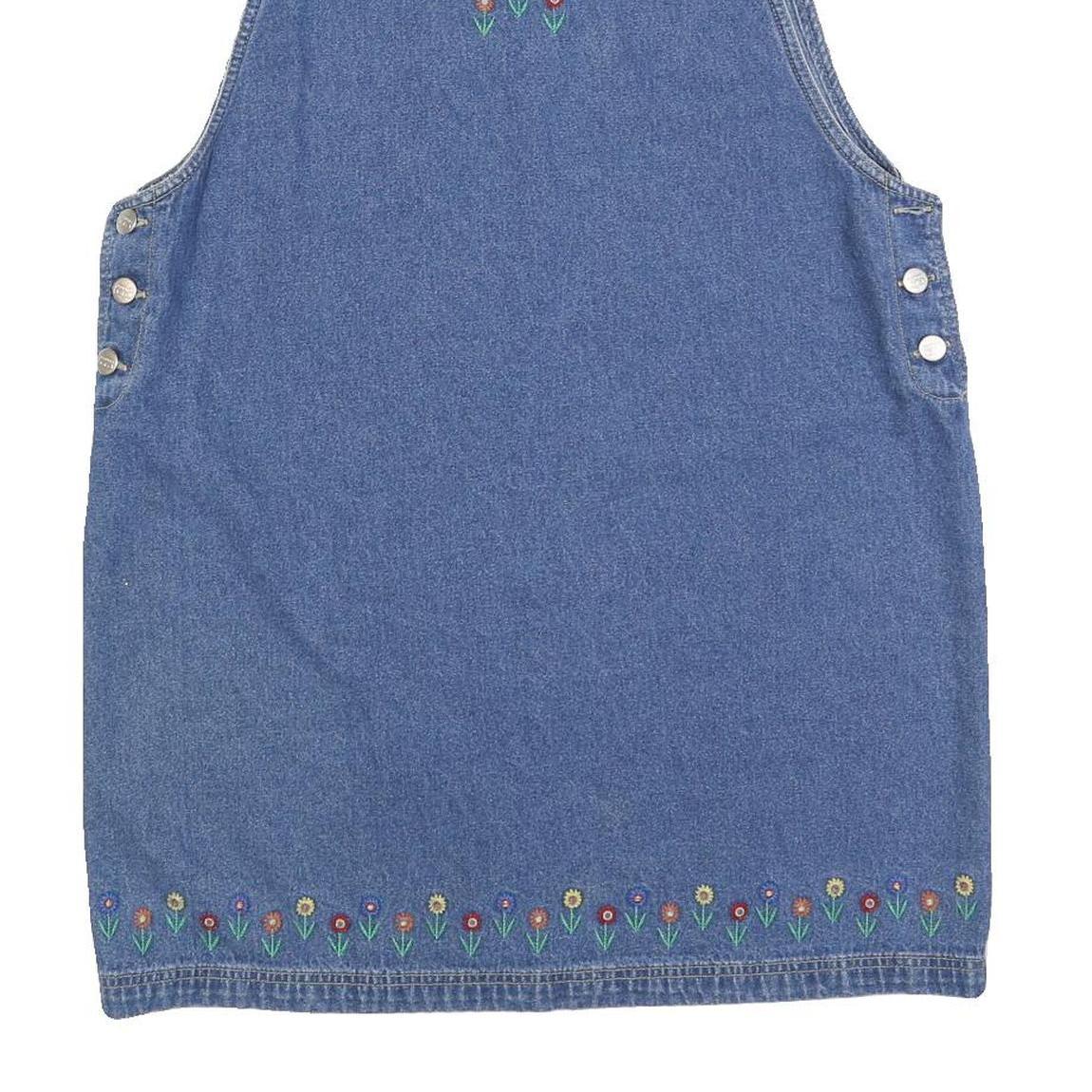 ROUTE 66 Womens Blue Denim Pinafore Dress Cotton Blend Sleeveless L Floral