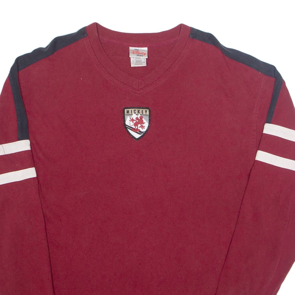DISNEY Mickey Mouse Badge Mens T-Shirt Maroon 90s USA V-Neck L