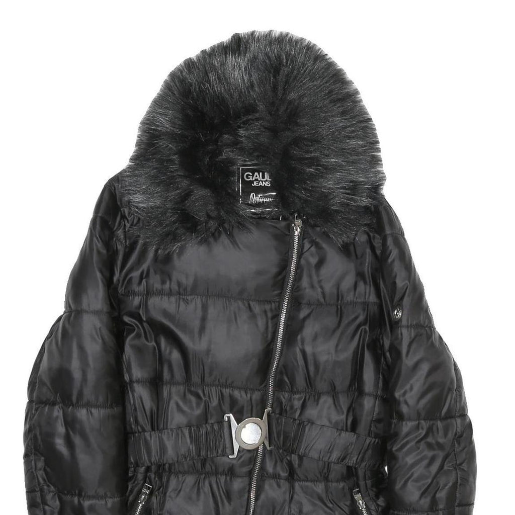 GAUDI JEANS Womens Black Puffer Jacket M Polyamide Quilted Zip Belted Faux Fur