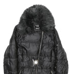 GAUDI JEANS Womens Black Puffer Jacket M Polyamide Quilted Zip Belted Faux Fur