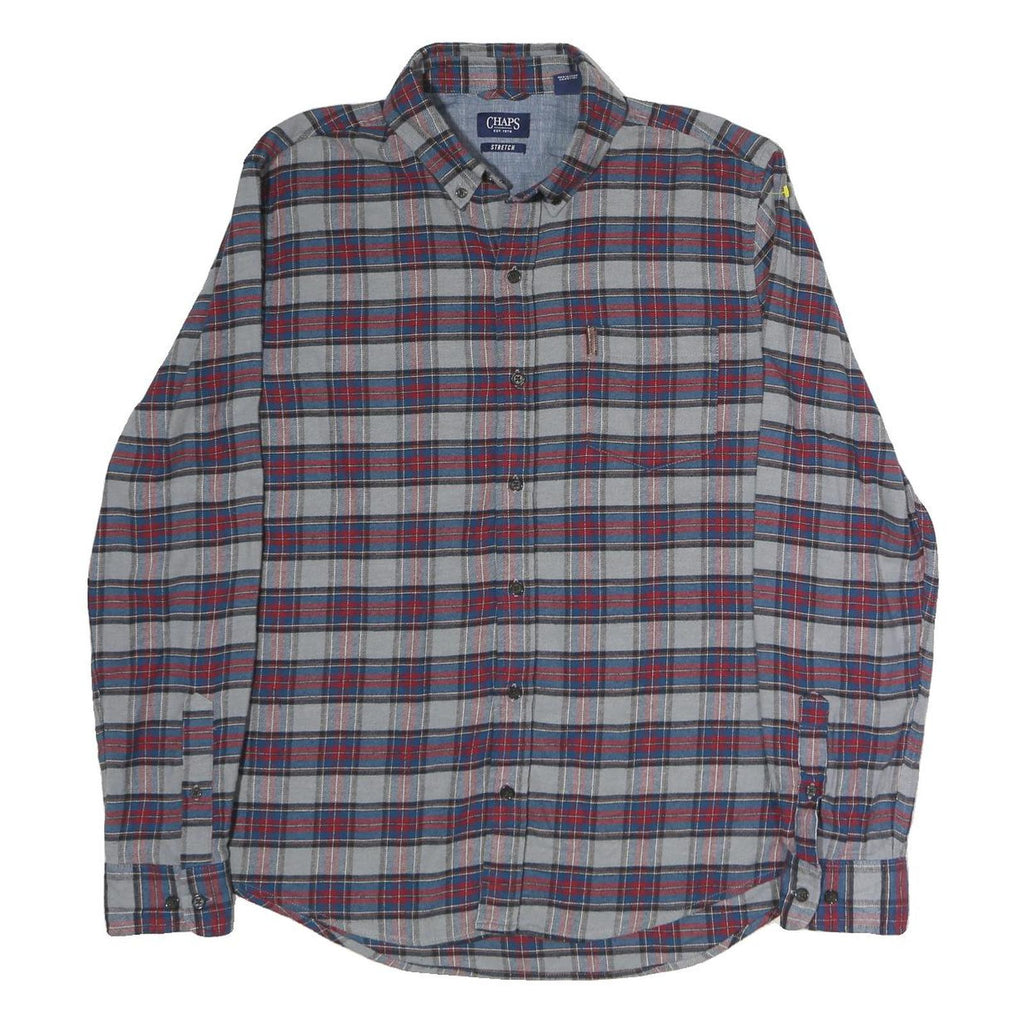 CHAPS Mens Grey & Red Checked Cotton Shirt L Button-Down Casual Long Sleeve