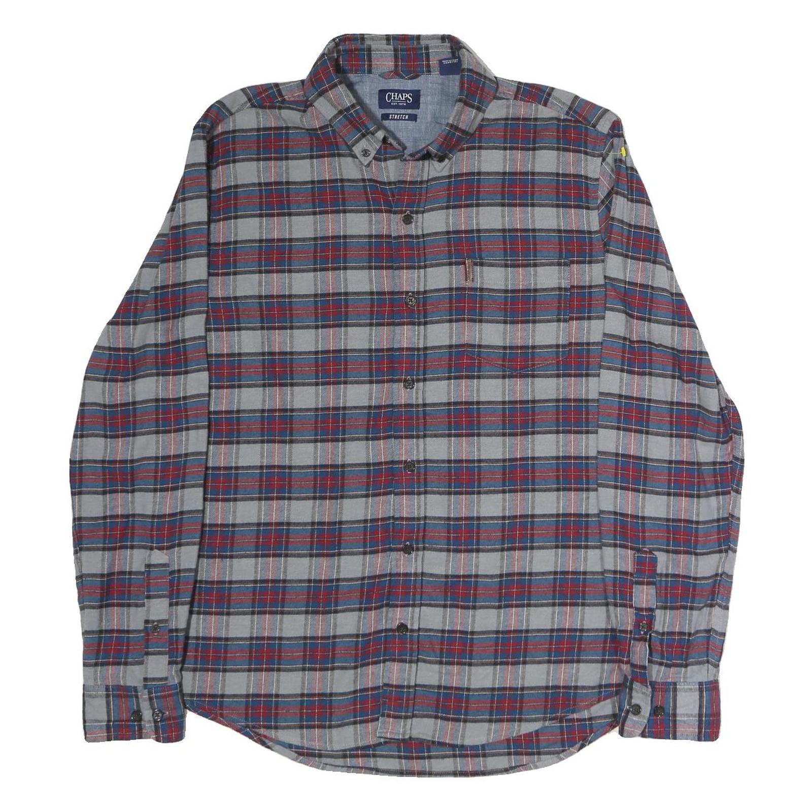 CHAPS Mens Grey & Red Checked Cotton Shirt L Button-Down Casual Long Sleeve