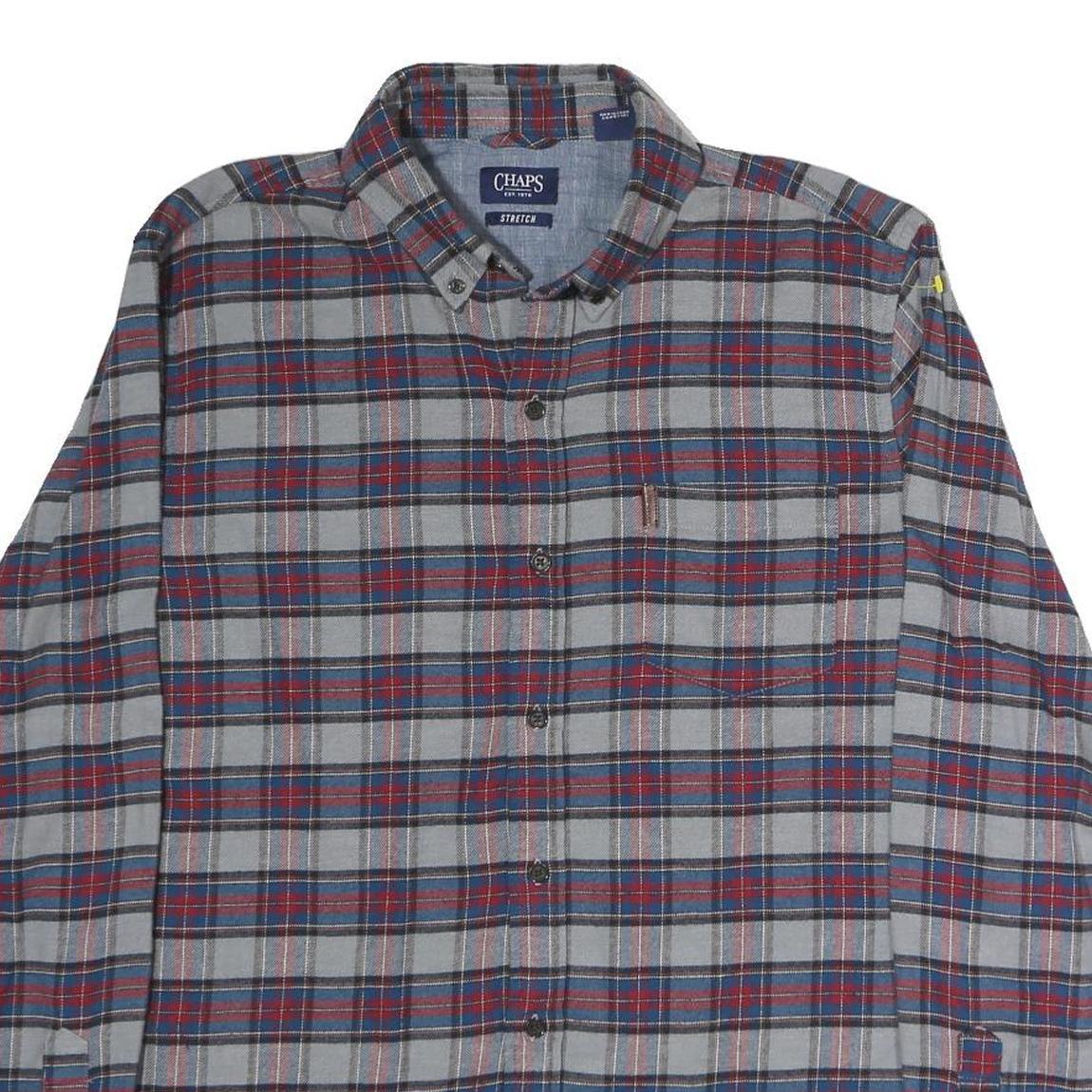 CHAPS Mens Grey & Red Checked Cotton Shirt L Button-Down Casual Long Sleeve