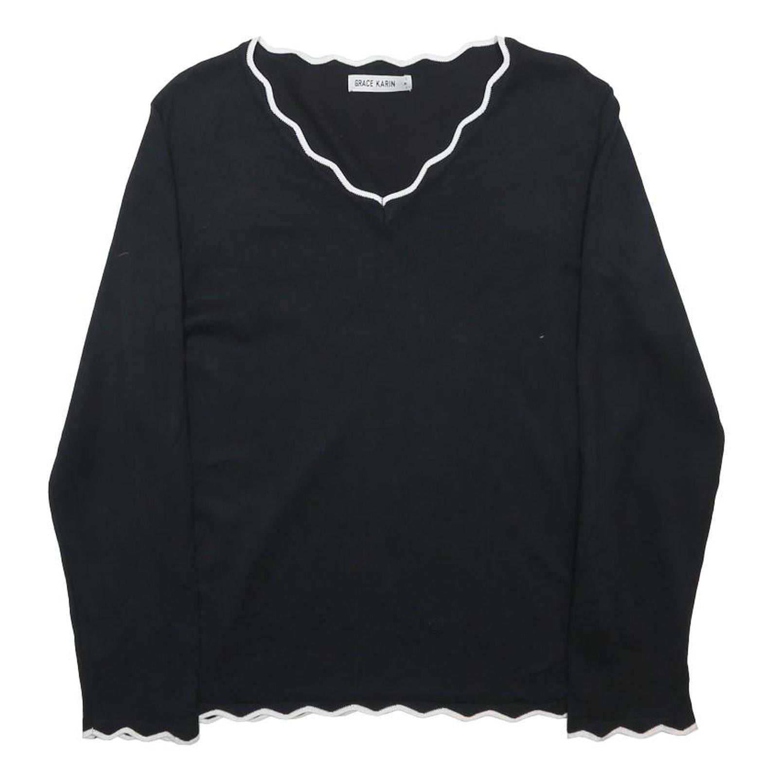 GRACE KARIN Womens Black Plain Jumper V Neck Basic Knit M Elegant Style