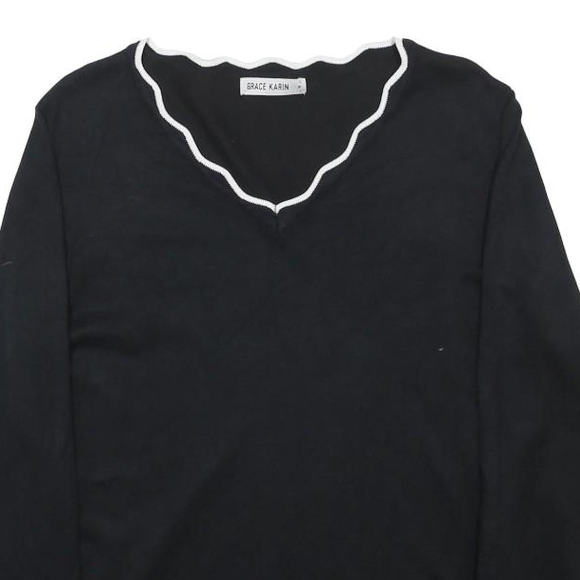 GRACE KARIN Womens Black Plain Jumper V Neck Basic Knit M Elegant Style