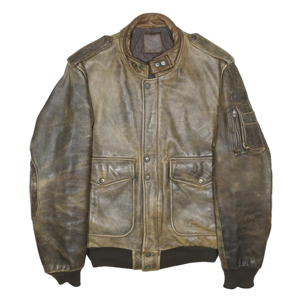 IXS Mens Brown Leather Military Jacket S Zip Closure Stand-Up Collar Plain