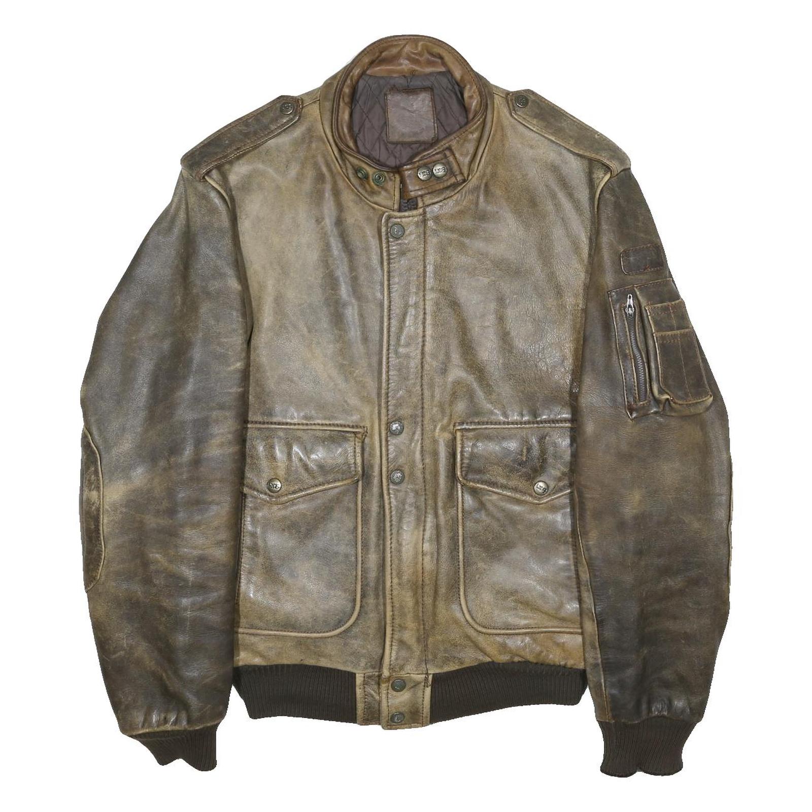 IXS Mens Brown Leather Military Jacket S Zip Closure Stand-Up Collar Plain