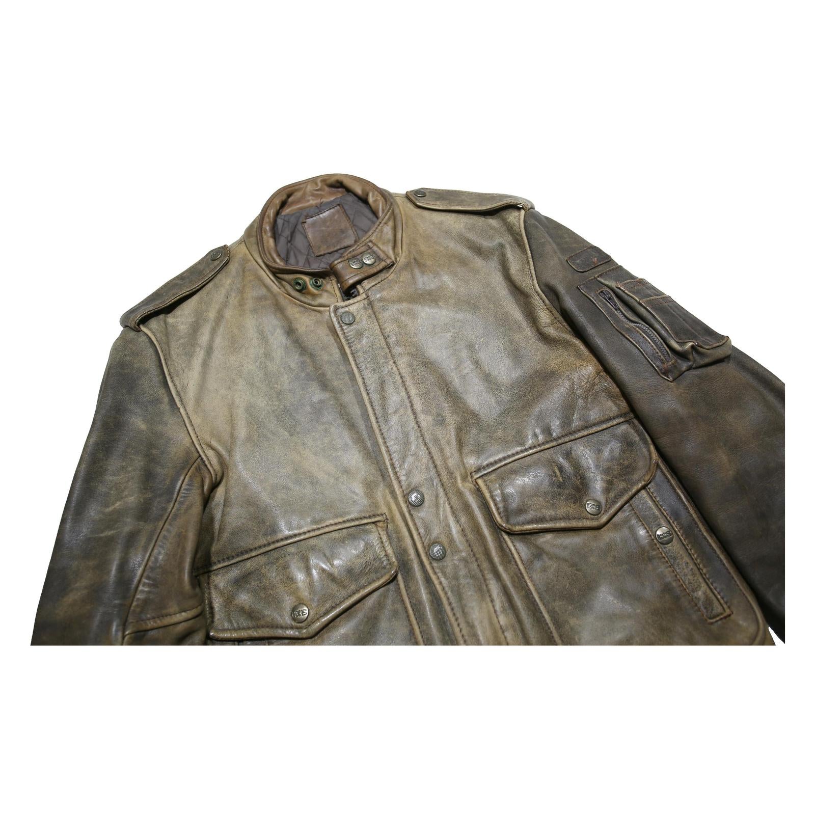 IXS Mens Brown Leather Military Jacket S Zip Closure Stand-Up Collar Plain