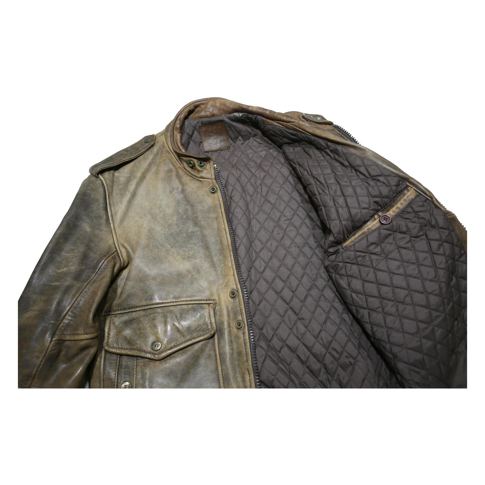 IXS Mens Brown Leather Military Jacket S Zip Closure Stand-Up Collar Plain