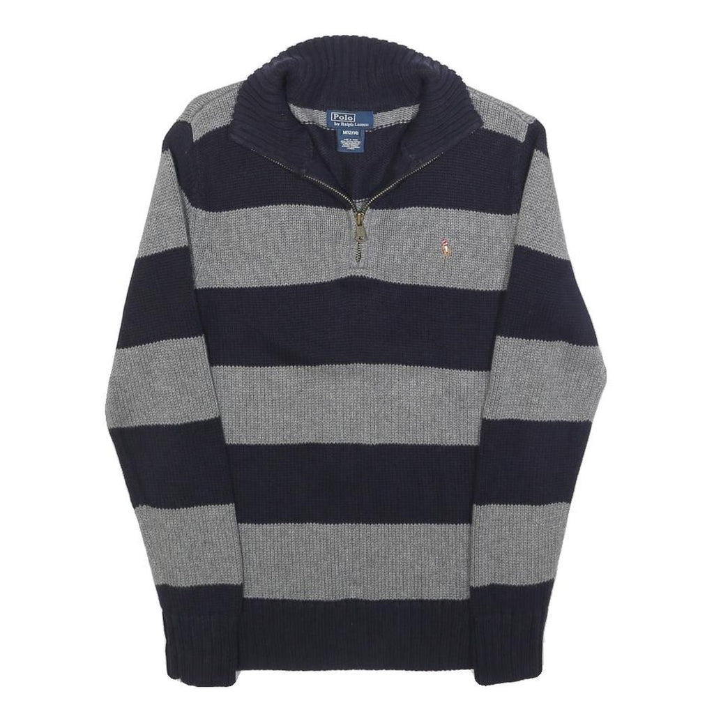 POLO RALPH LAUREN Boys Navy & Grey Striped Pattern Jumper Half Zip Crew Neck