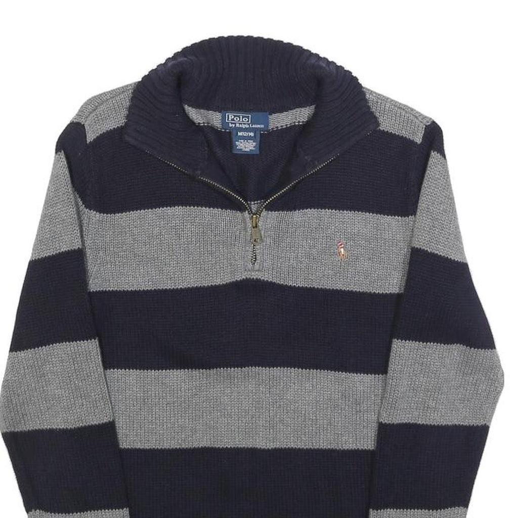 POLO RALPH LAUREN Boys Navy & Grey Striped Pattern Jumper Half Zip Crew Neck