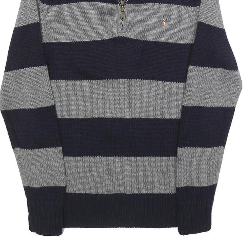 POLO RALPH LAUREN Boys Navy & Grey Striped Pattern Jumper Half Zip Crew Neck