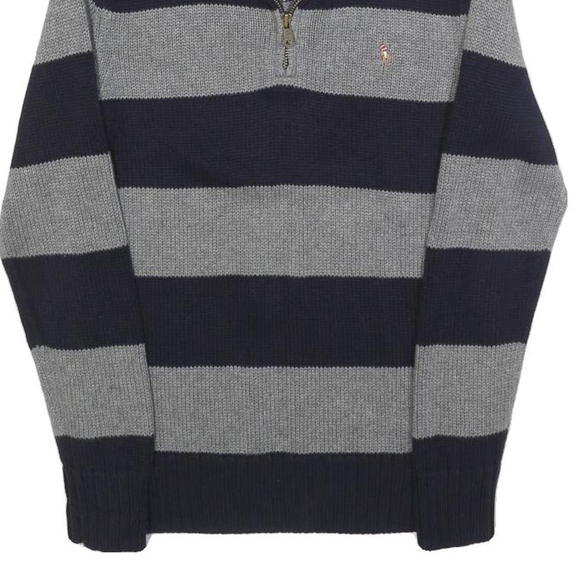 POLO RALPH LAUREN Boys Navy & Grey Striped Pattern Jumper Half Zip Crew Neck