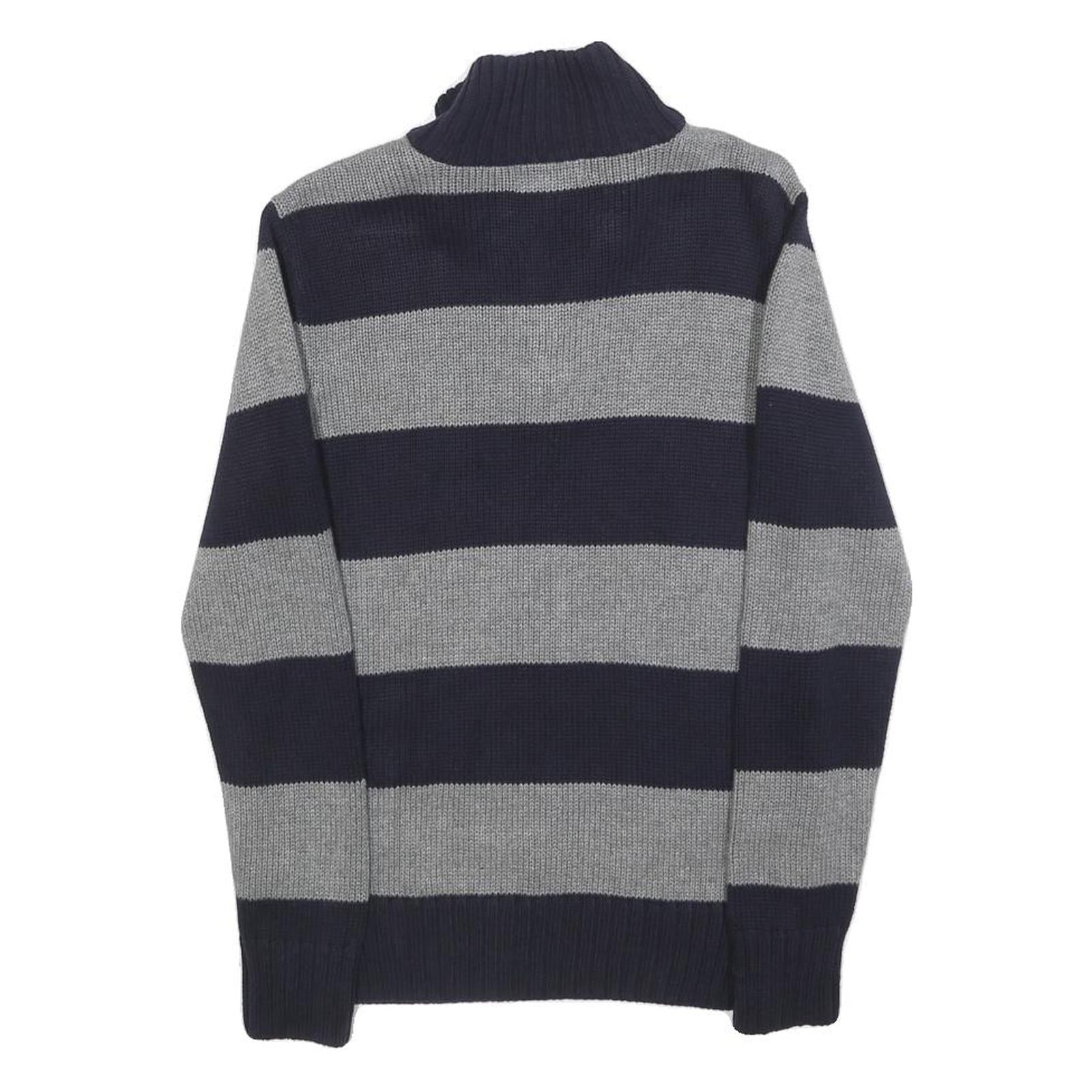 POLO RALPH LAUREN Boys Navy & Grey Striped Pattern Jumper Half Zip Crew Neck