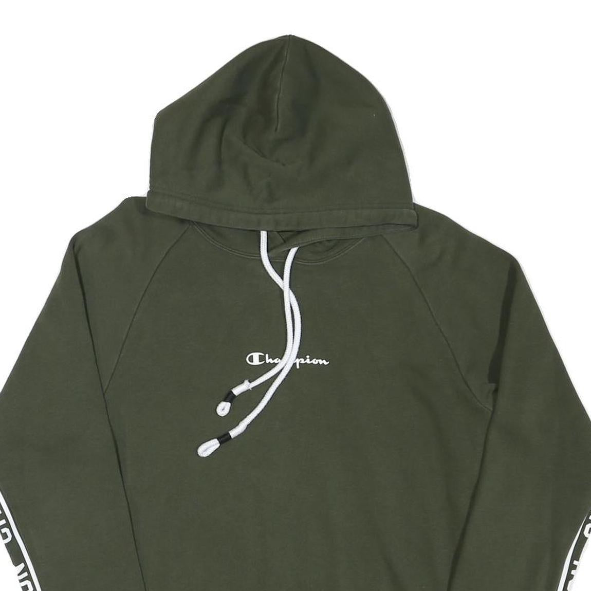 CHAMPION Mens Green Hoodie S Champion Sleeve Tape Pullover Cotton Blend