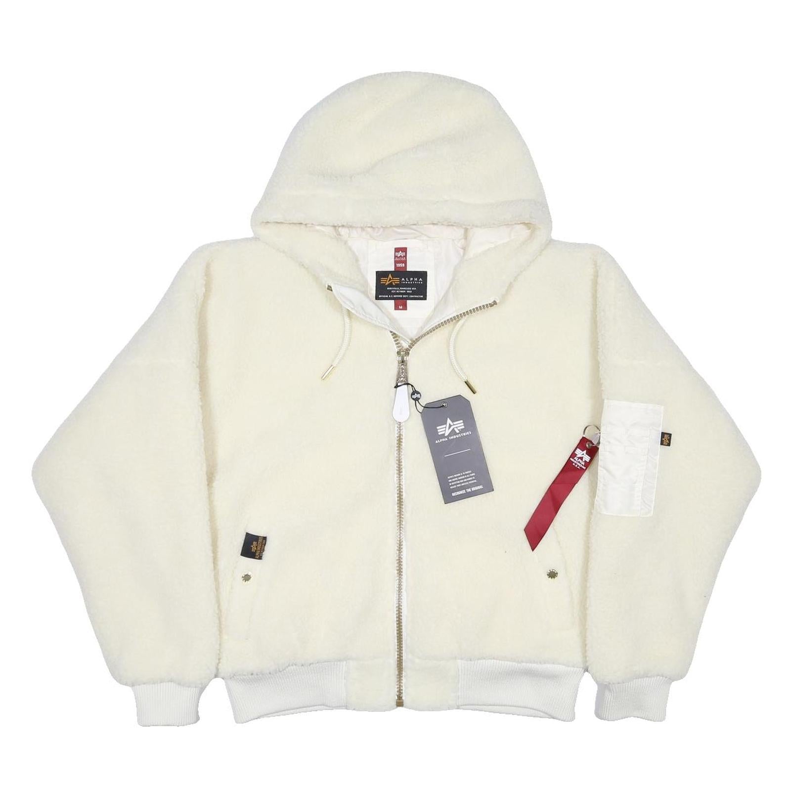 ALPHA INDUSTRIES MA-1 OS Hooded Teddy Jacket Womens White Jacket M Sherpa Fleece