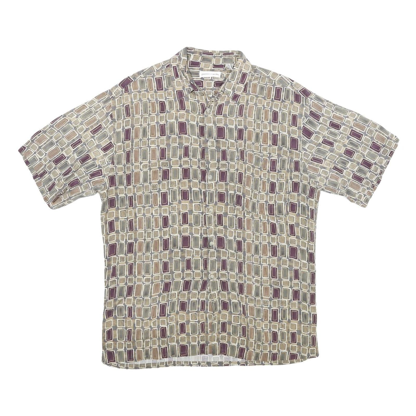 PIERRE CARDIN Mens Beige & Purple Patterned Rayon Shirt M Retro Casual Short