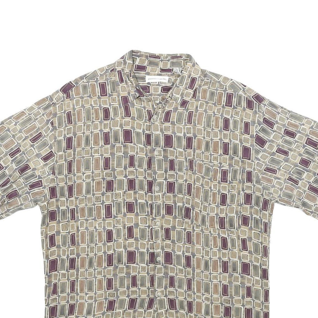 PIERRE CARDIN Mens Beige & Purple Patterned Rayon Shirt M Retro Casual Short