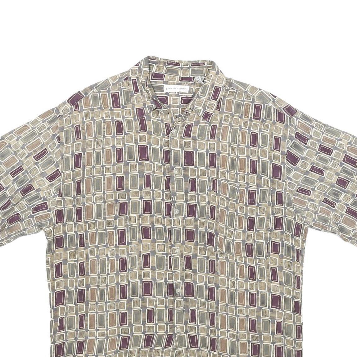 PIERRE CARDIN Mens Beige & Purple Patterned Rayon Shirt M Retro Casual Short