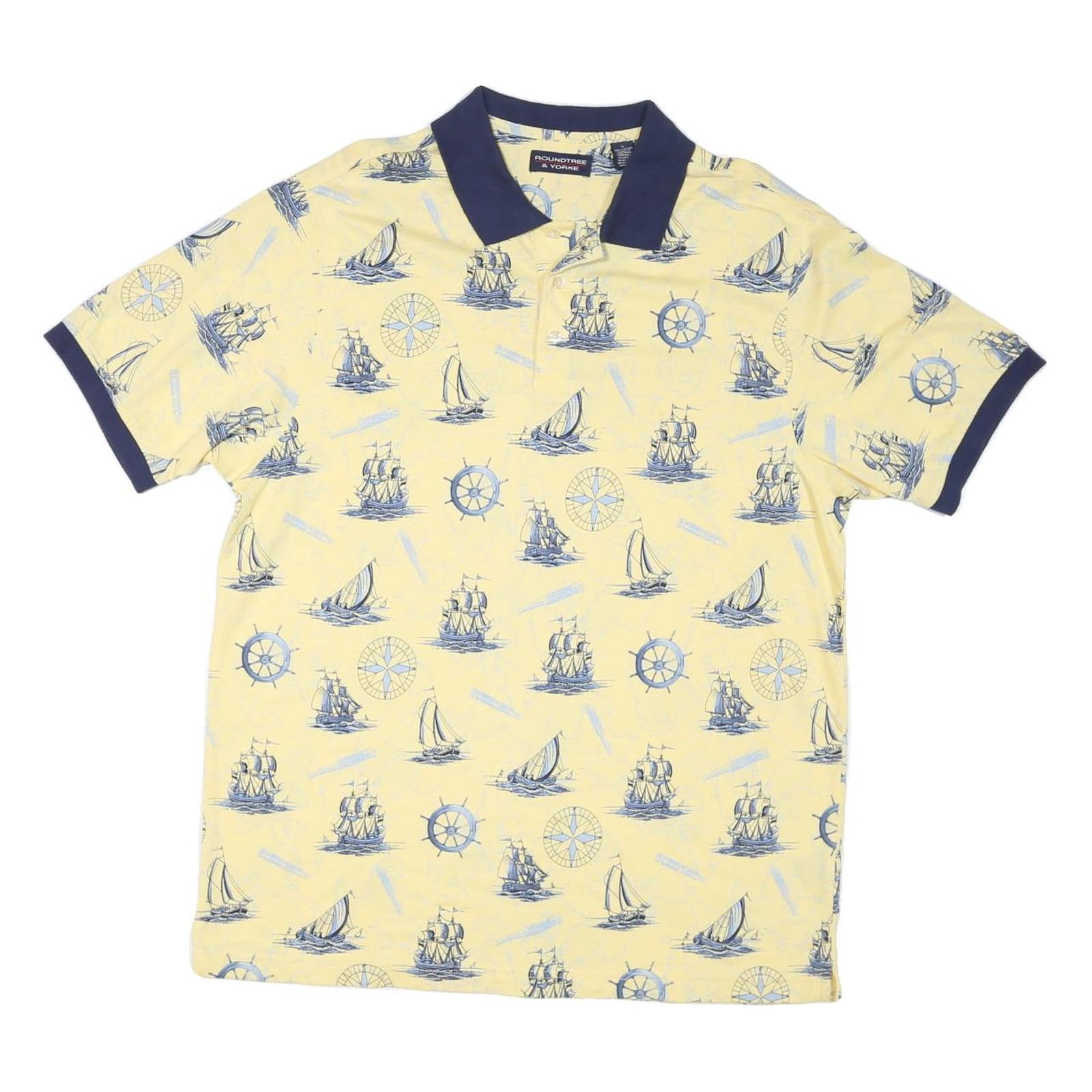 ROUNDTREE & YORKE Mens Yellow & Navy Nautical Print Short Sleeve Polo Shirt L
