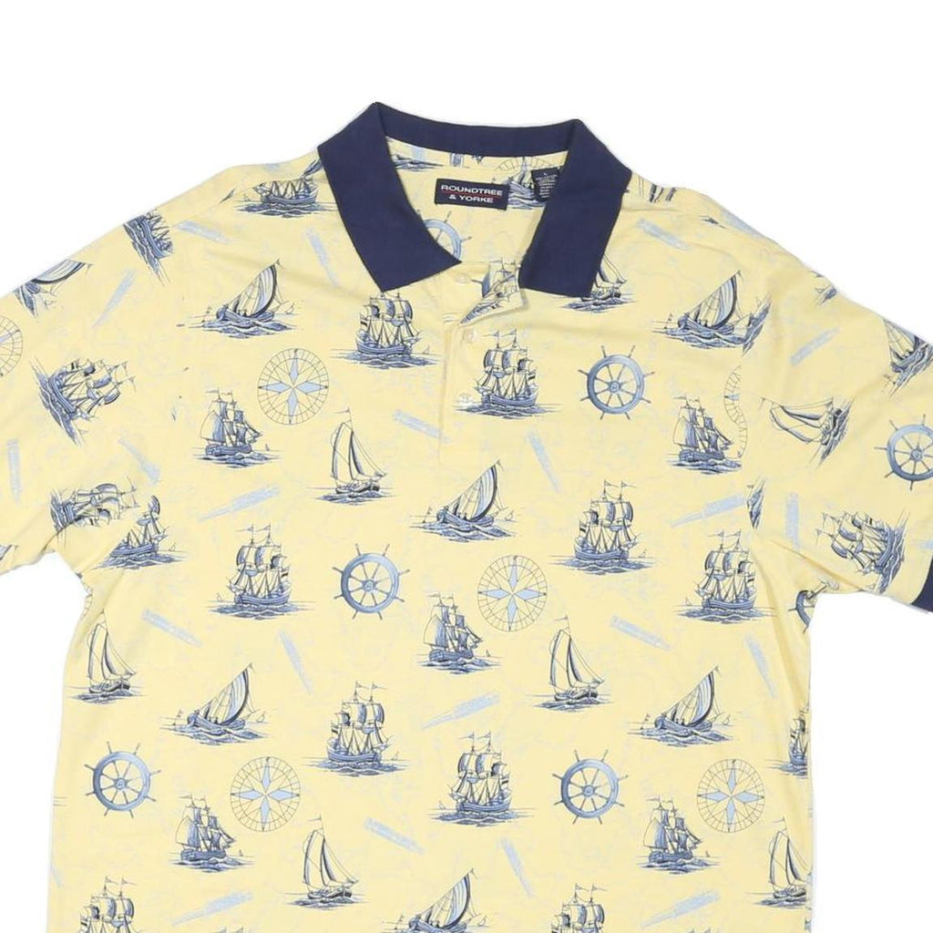 ROUNDTREE & YORKE Mens Yellow & Navy Nautical Print Short Sleeve Polo Shirt L