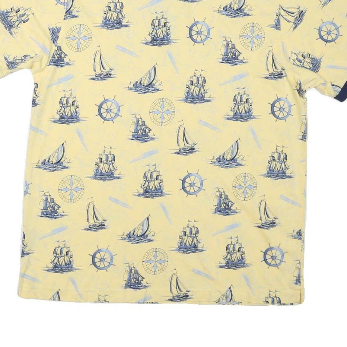 ROUNDTREE & YORKE Mens Yellow & Navy Nautical Print Short Sleeve Polo Shirt L