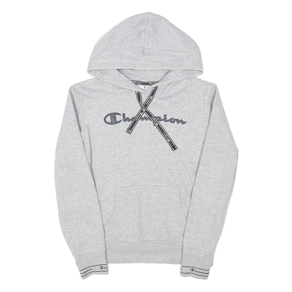 CHAMPION Womens Grey Hoodie M Cotton Blend Pullover Logo Print Casual
