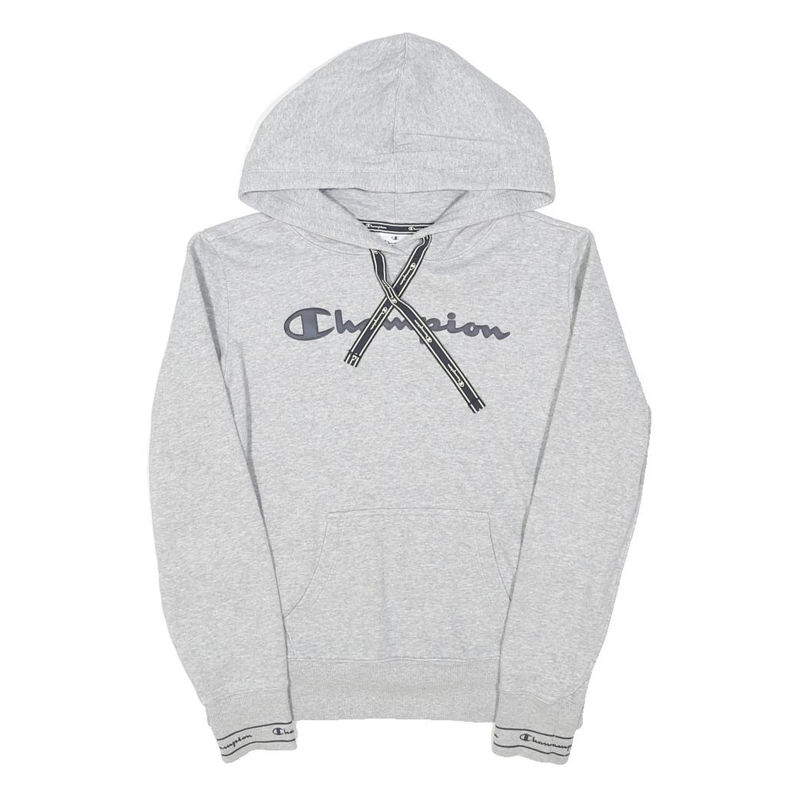 CHAMPION Womens Grey Hoodie M Cotton Blend Pullover Logo Print Casual