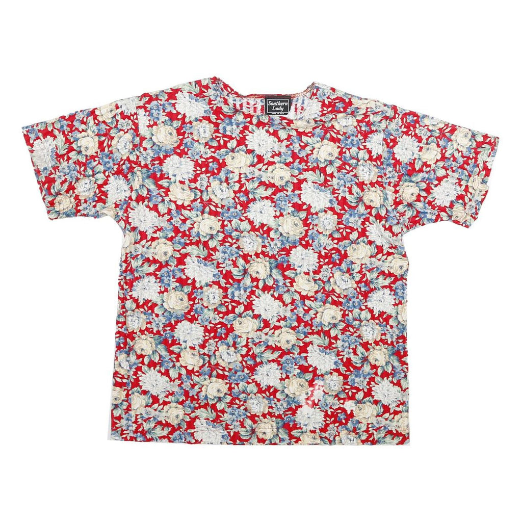 SOUTHERN LADY Womens Red Floral Print Short Sleeve Round Neck Top S Casual