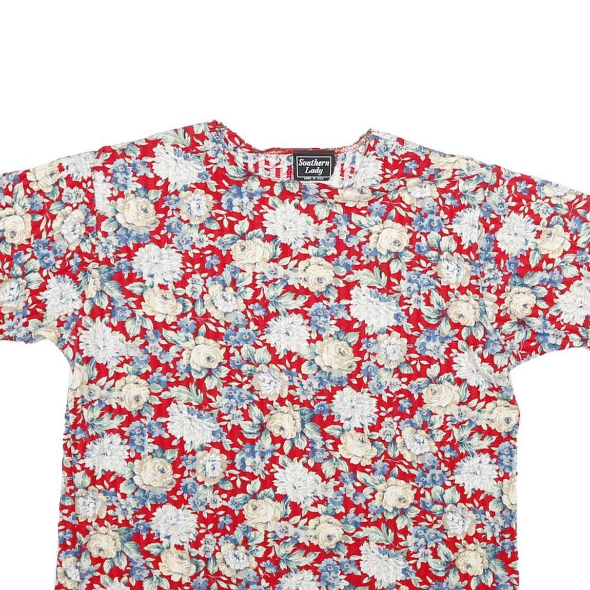 SOUTHERN LADY Womens Red Floral Print Short Sleeve Round Neck Top S Casual