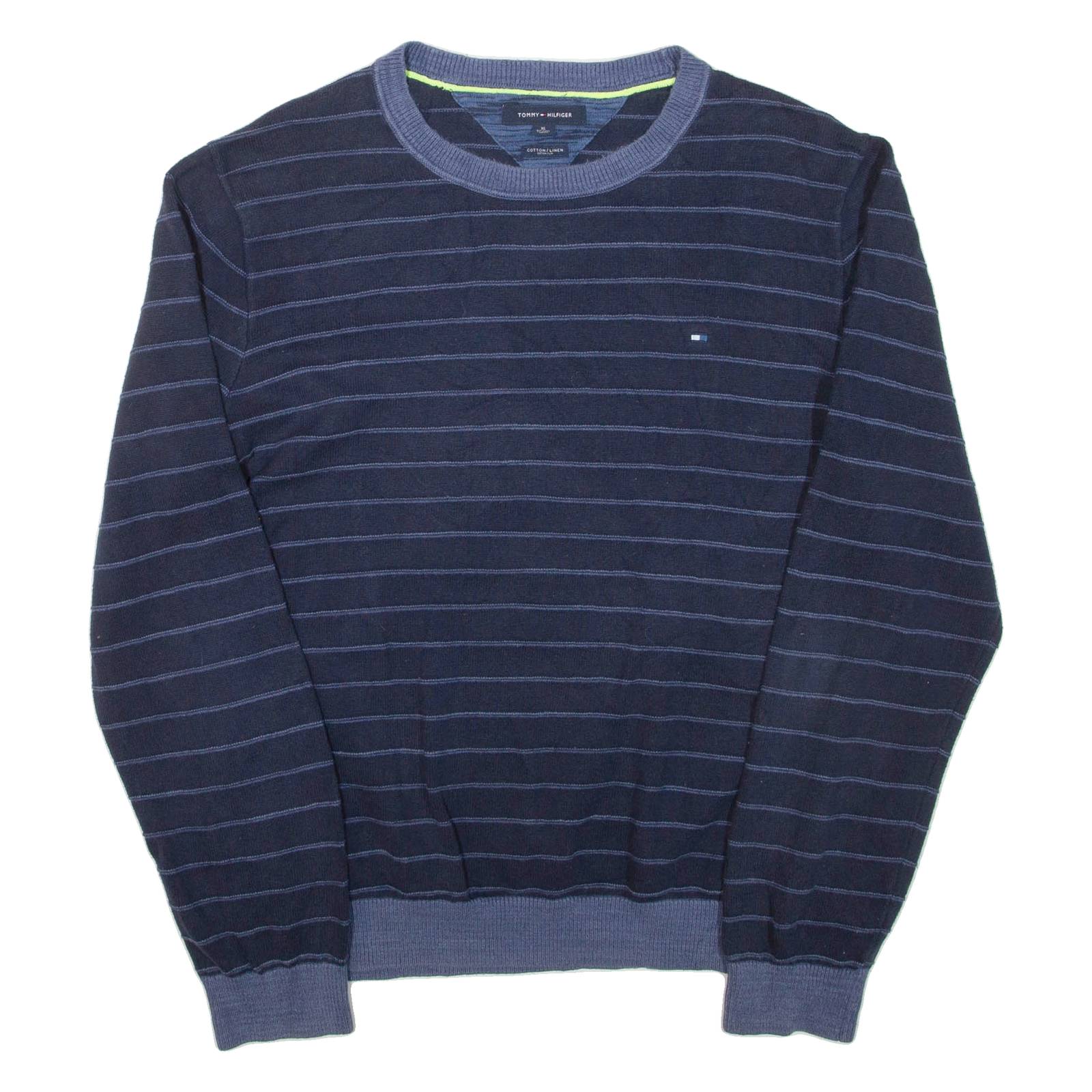 TOMMY HILFIGER Mens Patterned Jumper Blue Striped Tight Knit XL