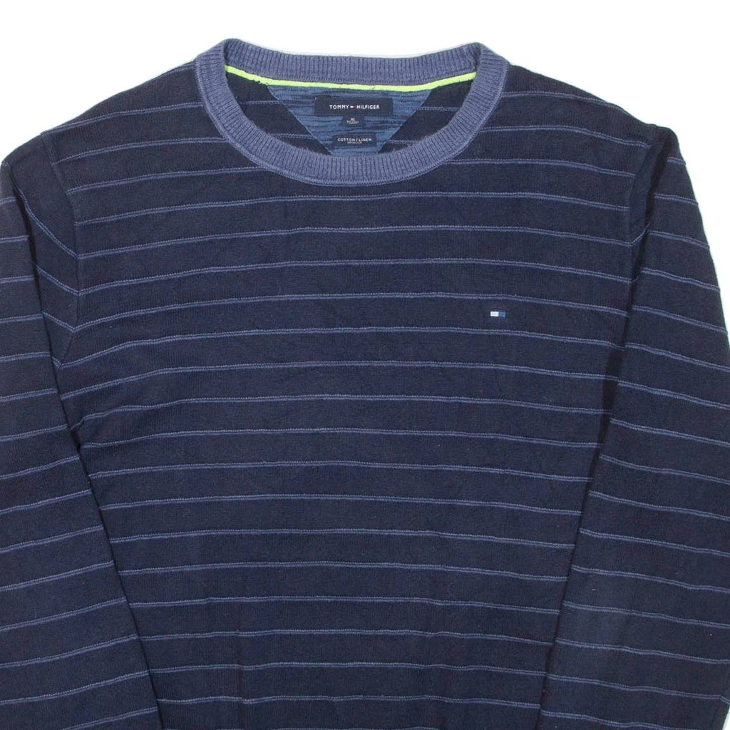 TOMMY HILFIGER Mens Patterned Jumper Blue Striped Tight Knit XL