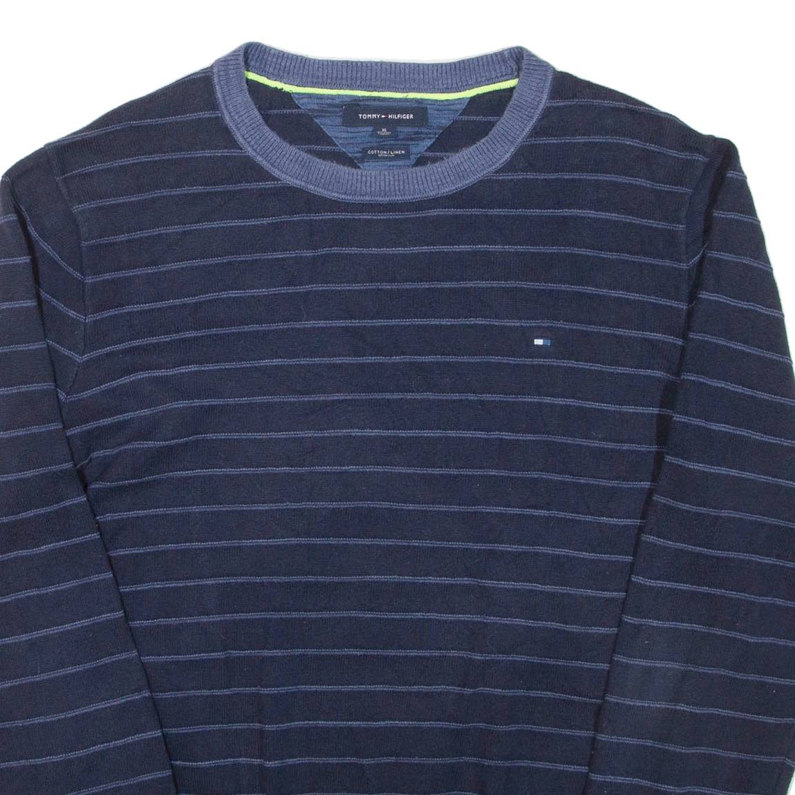 TOMMY HILFIGER Mens Patterned Jumper Blue Striped Tight Knit XL