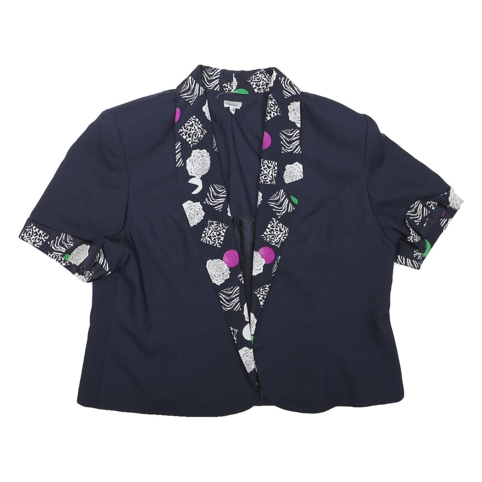 ACKERMANN Womens Navy Blue Cotton Blend Jacket L Plain Floral Print Short Sleeve