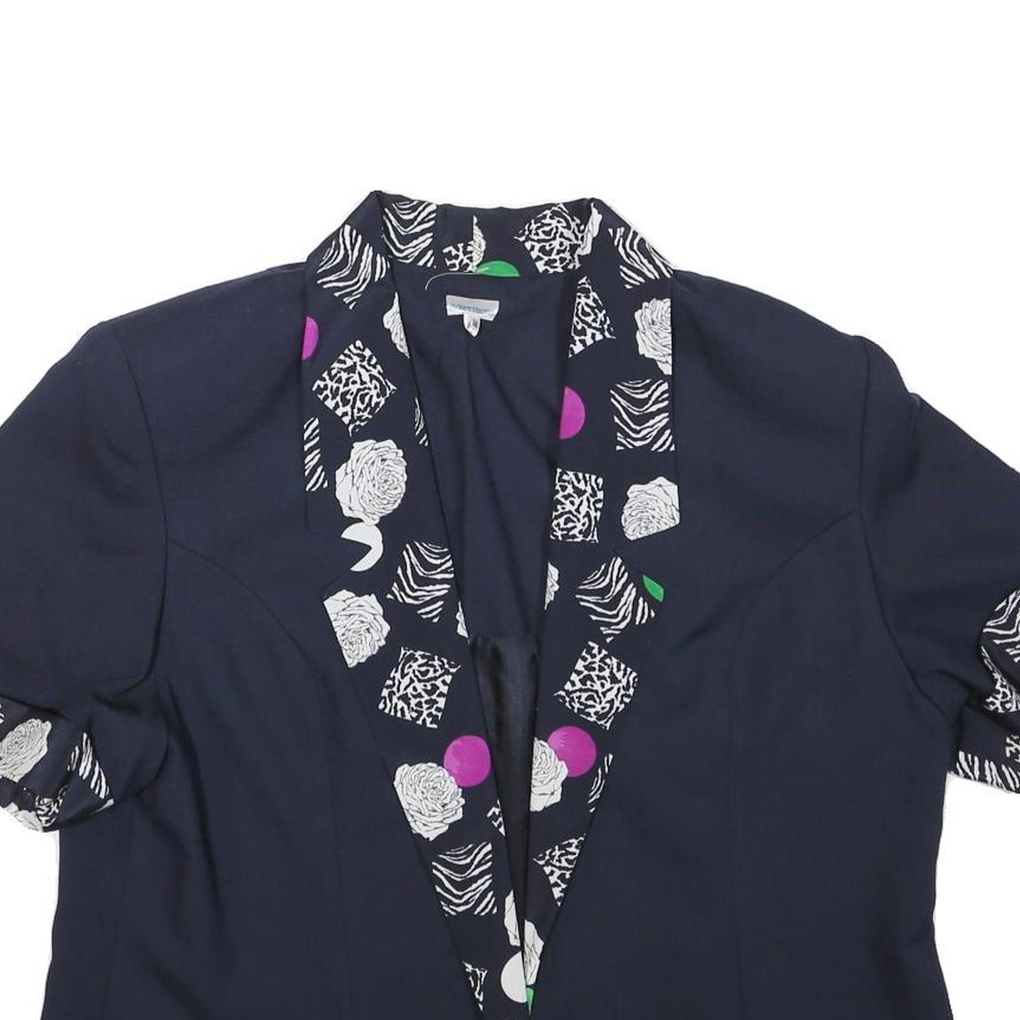 ACKERMANN Womens Navy Blue Cotton Blend Jacket L Plain Floral Print Short Sleeve